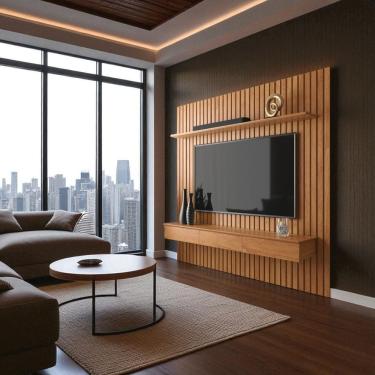 Imagem de Painel Ripado para TV até 55” Home Antares Nicho 3 Gavetas e Prateleira Fixação na Parede Patrimar