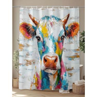 Imagem de Cortina de chuveiro de tecido impermeável pintada de vaca vintage pintura a óleo cortinas de chuveiro para banheiro, secagem rápida, lavável na máquina 91 x 182 cm