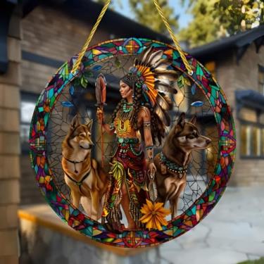 Imagem de Protetor solar de acrílico colorido, mulher nativa americana com lobos decoração de janela suspensa de 18 cm com design de vitral impresso, apanhador de sol, ideia de presente e ornamento de jardim