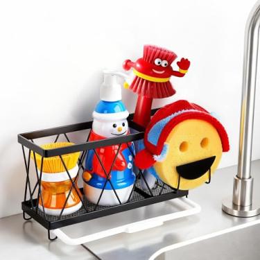 Imagem de Suporte de esponja para rosto sorridente para esfregar, organizador de pia de cozinha com suporte de escova alto, organizador de pia de bancada/adesivo, com bandeja de drenagem removível