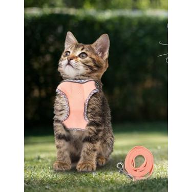 Imagem de Peitoral ajustável para gatos com tiras refletivas e malha macia, peitoral respirável para filhotes e gatos de tamanho médio, rosa médio