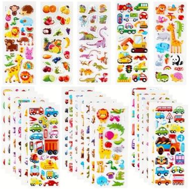 Imagem de 24 folhas (500 peças +) adesivos 3D inchados com animais, números, frutas, peixes, dinossauros, carros e muito mais, ideal para lembrancinhas de festa de volta às aulas e decorações