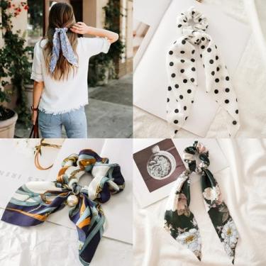 Imagem de Cachecol de cabelo para mulheres, laço atado, laços de cabelo com estampa floral, faixas elásticas, fita de cabelo apertada, suporte de rabo de cavalo para meninas, 3 peças, vários estilos