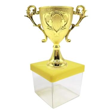 Imagem de Kit Lembrancinha Tema Futebol: Caixinha Acrílica Quadrada + Mini Troféu Dourado Festa Campeão (10 Troféu 10 Caixa 6x6 Tampa Amarela)