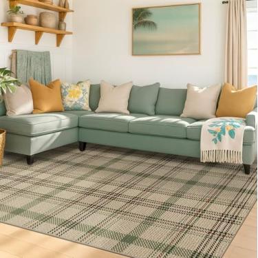 Imagem de JTJ Tapete xadrez 12 x 18 cm para sala de estar – Tapete de juta fácil para ambientes internos e externos, antiderrapante, casa de fazenda, lavável, bege e verde sálvia, listrado, decoração de férias