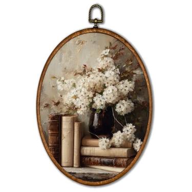 Imagem de KSDUT Retro Flower Book Wall Art Decor - Neutro Meados do Século Moderno, Quadro de Parede Impressões Penduradas, Vintage Dark Academia Floral Oval Arte Decorativa para Galeria Decorações de Casa 21,7