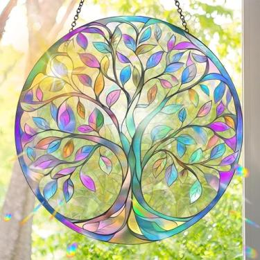 Imagem de Acrílico colorido Suncatcher, pingente de pendurar apanhador de sol estilo vitral de árvore, decoração de arte de parede de arco-íris com corrente, refrator de janelas de luz do sol, ornamento interno