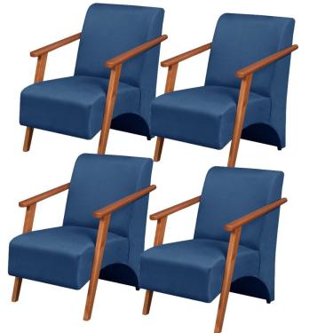 Imagem de Kit 4 Poltronas Venus 1 Lugar Braço Madeira Maciça Tecido Suede Azul Bic