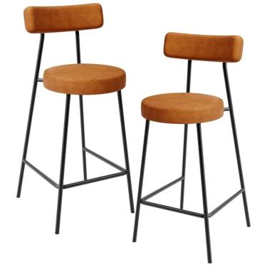 Imagem de Kit 02 Banquetas Baixa Para Cozinha Sala De Jantar Bar Bancada Milão L02 Couríssimo Canela - Lyam Decor