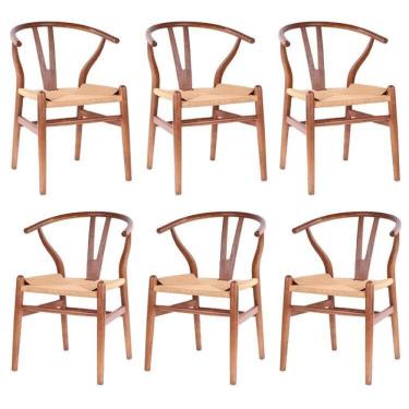 Imagem de Kit com 6 Cadeiras para Sala de Jantar Madeira Maciça Wishbone Castanho