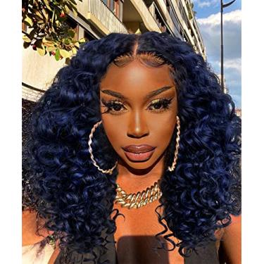 Imagem de BlackSwern Perucas azuis, perucas encaracoladas frontais pré-arrancadas, peruca cacheada de renda HD sem cola para mulheres negras, peruca grande encaracolada, cor azul
