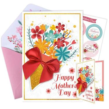 Imagem de FurniGift Cartão Feliz Dia das Mães com desenhos florais 3D e fita, cartão de dia das mães texturizado para mãe avó com envelope e adesivos