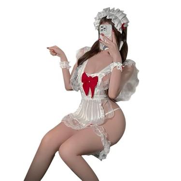 Imagem de NICEMHAPU Women’s Sexy Maid Outfit – Lace Apron Cosplay Costume with Headband, Wristbands, and Thong for Roleplay and Special Occasions