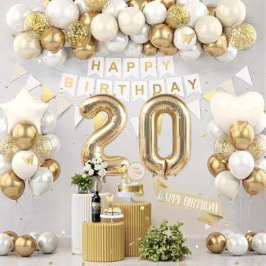Imagem de Decorações de aniversário de 20 anos, decorações de festa de aniversário de ouro branco para mulheres e homens, balões de creme boho bege suprimentos de festa com faixa, faixa brilhante, topo de bolo