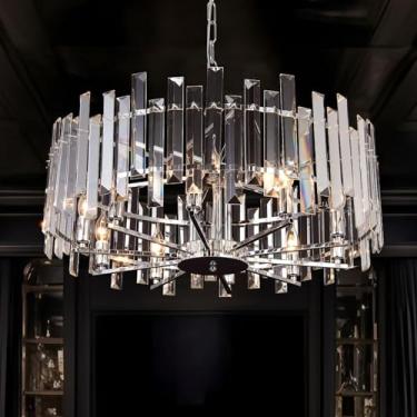 Imagem de AHEYLITY Lustre de cristal lustre moderno lustre de iluminação cromado pendente luminárias teto para salas de jantar, sala de estar, entrada, pendurar redondo W27,55" moldura cromada