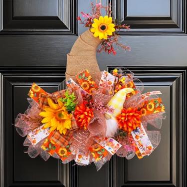 Imagem de Hapivida Recife de Ação de Graças para porta da frente, guirlanda de peru artificial para pendurar no outono, placa de porta de girassol para portas da frente, Halloween, Dia de Ação de Graças