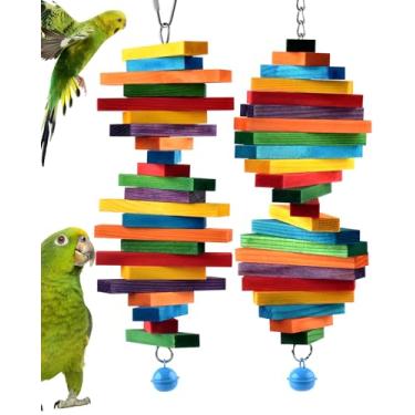 Imagem de Bissap 2 peças de brinquedos para mastigar pássaros, multicoloridos, bagel, cascata, pássaro, papagaio, bastões de mastigar, blocos de madeira, brinquedo para periquito pequeno, médio, calopsitas