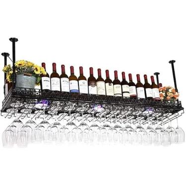 Imagem de Prateleiras de vinho de teto, suporte de taça de vinho suspenso de cabeça para baixo, suportes de garrafa de vinho montados na parede, suporte de cálice preto para bares, balcões, restaurantes,