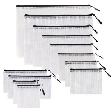 Imagem de Multibey Pacote com 12 bolsas de malha com zíper, 9 bolsas transparentes com zíper para organizar o armazenamento, bolsa de plástico impermeável para documentos para armazenamento de viagem, material
