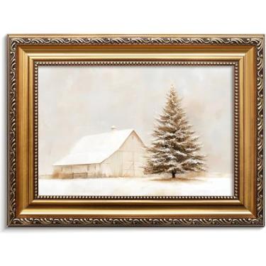 Imagem de Vodefoad Arte de parede vintage de pinheiro de Natal com moldura dourada, arte de parede de Natal neutro, retrô, impressões a óleo, paisagem de inverno, rústico, decoração de pinheiro, pinturas