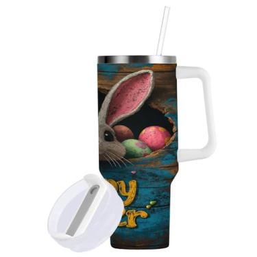 Imagem de Blueangle Copo de coelho da Páscoa de 850 g com alça e tampa de palha, copo isolado reutilizável de aço inoxidável garrafa de água caneca de viagem (186)