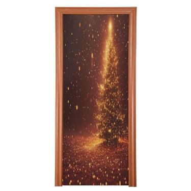 Imagem de Blueangle Capa de porta de árvore de Natal com estrelas brilhantes - Capa de porta de tecido elástico para porta da frente - decoração de banner de porta de Natal ao ar livre festa em casa (788)