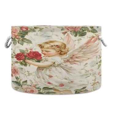 Imagem de SEHANY Cesto de armazenamento redondo grande com alça de corda, cesto de roupa suja de lona para armazenamento de cobertores, cesta de armazenamento infantil para quarto de banho, decoração de