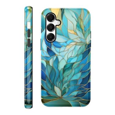 Imagem de Vulfwela Capa para celular Galaxy A16 5G de 16,7 cm com vitrais artísticos, estampa de flores de folhas azuis, híbrida, 2 em 1, capa protetora de silicone à prova de choque para homens, mulheres e