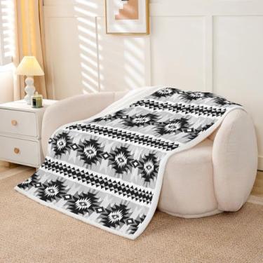 Imagem de Feelyou Cobertor de lã de ovelha oeste felpudo felpudo do sudoeste asteca cobertor para meninos meninas geométrico vintage para cama sofá cadeira sala de estar boho tribal rústico preto cinza manto