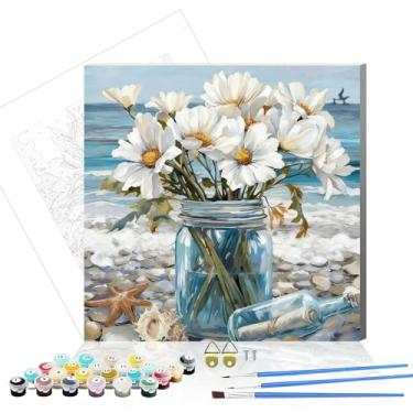 Imagem de bestact Kits de pintura de margarida emoldurada por números para adultos, pintura de flores por números com moldura para iniciantes em tela, kits de pintura DIY fáceis para decoração de parede de casa