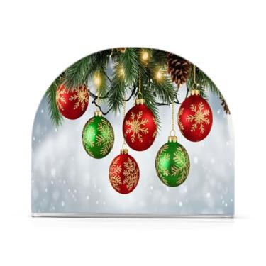 Imagem de Qilmy Porta-guardanapos de acrílico com bola de Natal lindamente colorida, porta-guardanapos para mesas cozinha restaurante decoração de casa, suporte decorativo moderno para guardanapos de coquetel