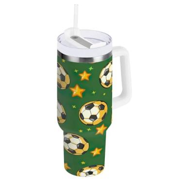 Imagem de Kigai Copo de estrelas e futebol de 850 g com tampa e canudo, copo isolado de aço inoxidável durável à prova de vazamento com alça, garrafas de água à prova de derramamento para viagens
