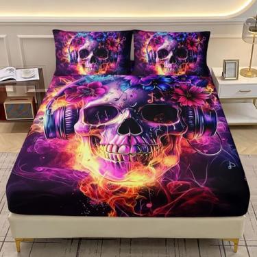 Imagem de AILONEN Jogo de lençol Queen com caveira de açúcar, roxo esfumaçado, música floral, caveira, esqueleto preto, bolso profundo com 2 fronhas, 3 peças