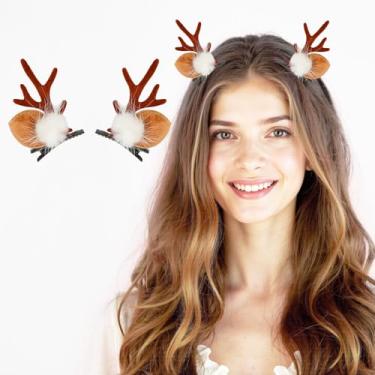Imagem de Grampos de cabelo femininos chifres de Natal, pompom branco e chifre de rena café, acessórios de cabelo festivos fofos, marrom, 1 par