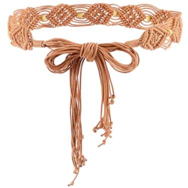Imagem de CRASPIRE Cinto trançado Boho feminino com borla trançado marrom gravata algodão trançado feito à mão macramê longo corrente decorativa nó com contas para vestidos de senhora, saias, túnicas