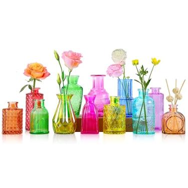 Imagem de PIEMEET Pacote com 12 vasos de vidro, conjunto de vasos coloridos, pequenos vasos coloridos para flores, mini vaso de flores de vidro vintage a granel para centros de mesa, decoração de festa