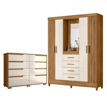 Imagem de Guarda Roupa Solteiro Com Espelho Atenas E Cômoda Georgia Freijó Off White - Moval