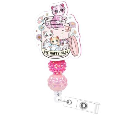 Imagem de Carretel de crachá Happy Pills Cats – Porta-crachá para amantes de gatos cosmisun com clipe jacaré, suporte de cartão de identificação de saúde mental, presentes para enfermagem veterinário técnico