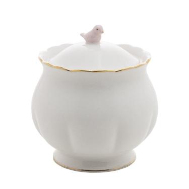 Imagem de Açucareiro Birds de Porcelana 300ml Branco, Dourado e Rosa Wolff
