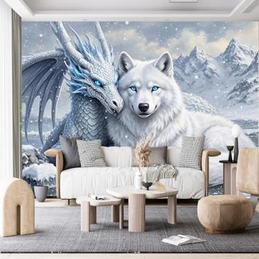 Imagem de Murais de parede de tamanho personalizado, lobo branco montanha neve gelo dragão azul tecido de parede autoadesivo (sem PVC) papel de parede grande removível para sala de estar, quarto, escritório