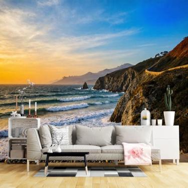 Imagem de Murais de parede de tamanho personalizado, pôr do sol costeiro seixos costa rochosa penhasco tecido de parede autoadesivo (sem PVC) papel de parede grande removível para sala de estar, quarto