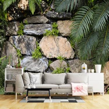 Imagem de Murais de parede de tamanho personalizado, samambaias de parede de pedra rústica tecido de parede autoadesivo de musgo (sem PVC) papel de parede grande removível para sala de estar, quarto, escritório