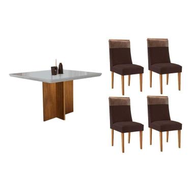 Imagem de Sala Jantar Mesa Berlim Tampo c/ Vidro Curvo 90cm+4 Cadeiras Jaspe Madeira Naturale/Off White - Capuccino/Suede Marrom - Rufato