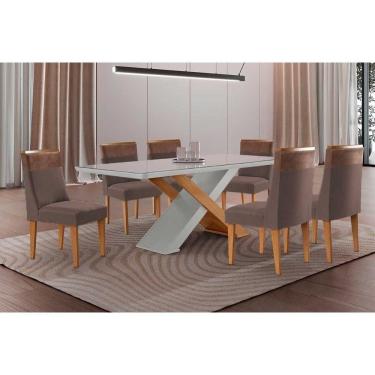Imagem de Sala Jantar Mesa Imperatriz Tampo c/ Vidro Curvo 180cm+6 Cadeiras Jaspe Madeira Naturale/Off White - Capuccino/Suede Marrom - Rufato