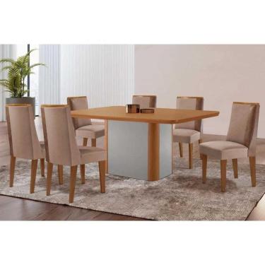 Imagem de Sala Jantar Mesa Pietá Tampo Curvo 180cm+6 Cadeiras Tilia Madeira Naturale/Off White - Capuccino/Suede Capuccino - Rufato