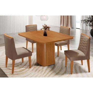 Imagem de Sala Jantar Mesa Maldivas Tampo Curvo 90cm+4 Cadeiras Maldivas Madeira Naturale - Capuccino/Suede Capuccino - Rufato