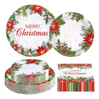 Imagem de Greencian Conjunto de utensílios de mesa com tema de poinsétias descartáveis para festas de Natal com 200 peças de pratos e guardanapos para festas de Natal para decorações de jantar de Natal