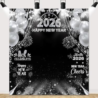 Imagem de MEHOFOND Pano de fundo preto prata 2026 feliz ano novo, fundo de festa NYE, cenário de cabine de fotos de ano novo com balões com glitter, decoração de fotografia de ano novo