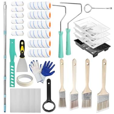 Imagem de Socpuro Kit de rolo de pintura com haste de extensão, rolos de pintura de 10 cm e 23 cm, bandeja de suporte de pincéis de tinta, conjunto de ferramentas de pintura para escovação de parede, melhoria