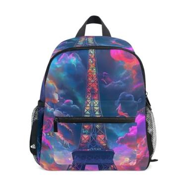 Imagem de Eiffel Tower Paris Neon Simple Modern Kids Backpack with Whistle, 2 Bottle Pockets, Lightweight, Kids Travel Backpacks 10x4x12 In, for Ages 3-8